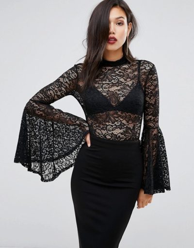 Morticia Adams Lace Flouncy Sleeved Bodysuit