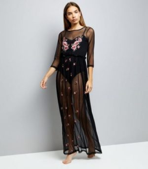 Black Embroidered Mesh Night Dress