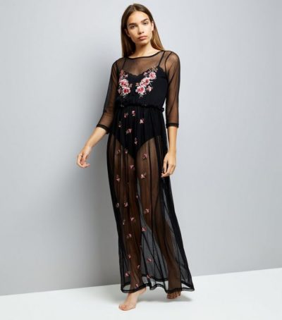 Black Embroidered Mesh Night Dress